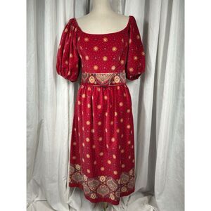 VTG Victor Costa Red Velveteen Midi‎ Party Dress Womens 10 Belted Puff Gold EUC